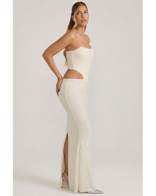 Oh Polly White Embellished Cut-Out Draped Corset Gown