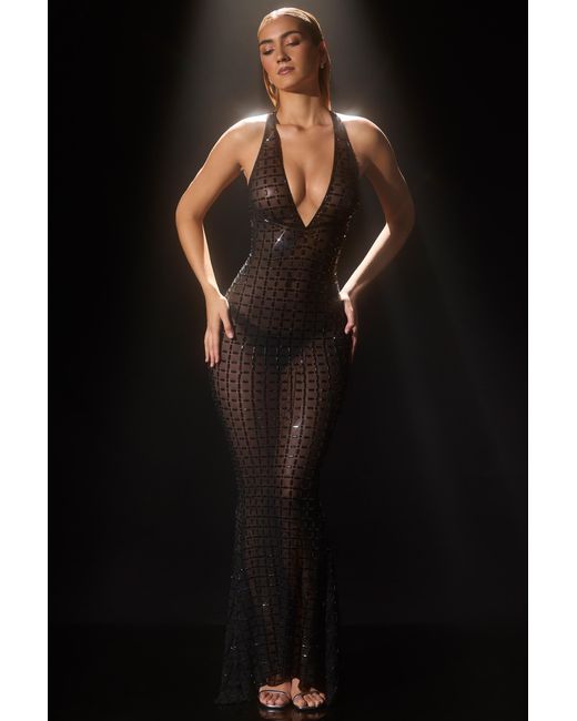 Oh Polly Black Embellished Semi-Sheer Halterneck Gown