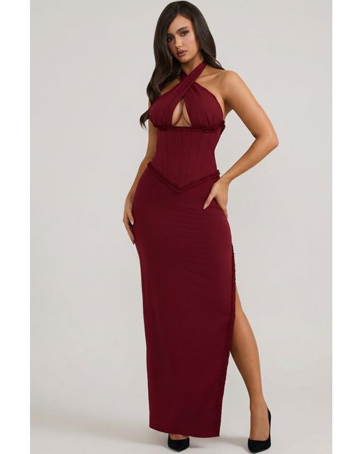 Oh Polly Red Halterneck Lace-Up Corset Maxi Dress