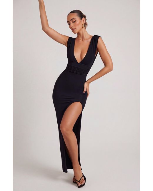 Oh Polly Black High Split Plunge Neck Maxi Dress