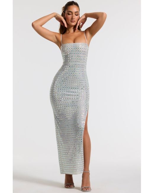 Oh Polly White Embellished Square Neck Thigh Split Gown