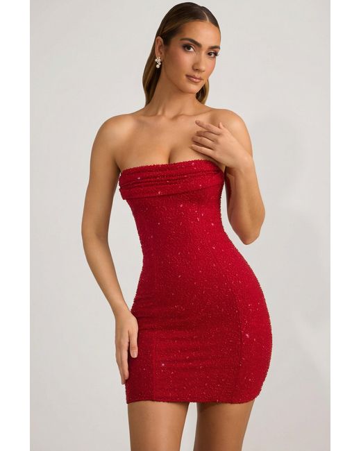 Oh Polly Red Embellished Strapless Cowl-Neck Mini Dress