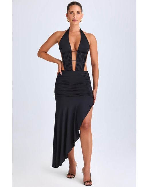 Oh Polly Black Asymmetric Cut-Out Halterneck Midaxi Dress