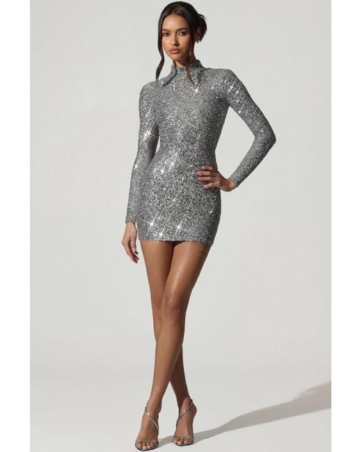 Oh Polly Metallic Embellished Open-Back Mini Dress