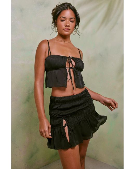 Oh Polly Black Shirred Thigh High Split Mid Rise Mini Skirt