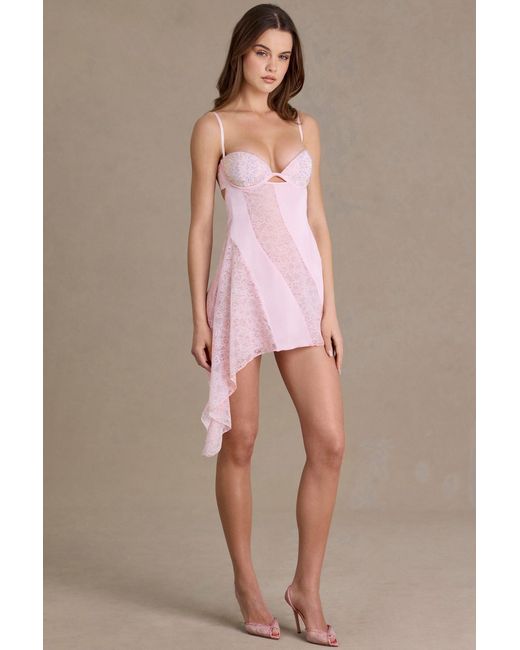 Oh Polly Pink Satin Embellished Cupped Mini Dress