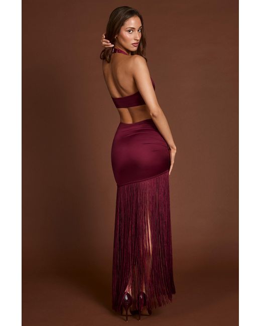 Oh Polly Red Fringed Plunge-Neck Maxi Dress