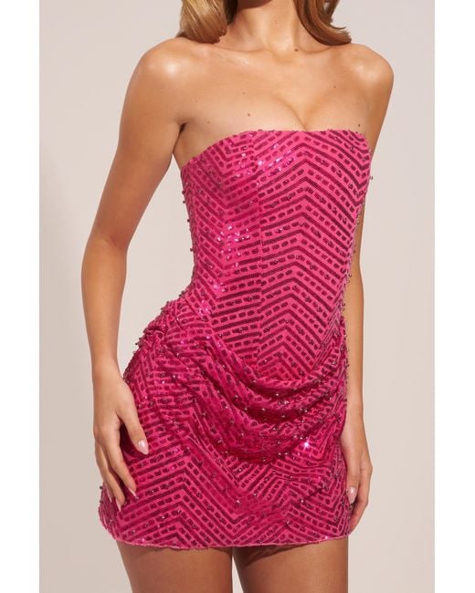 Oh Polly Pink Embellished Draped Strapless A-Line Mini Dress