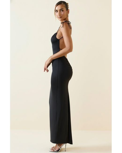 Oh Polly Black Ruched Backless Maxi Dress