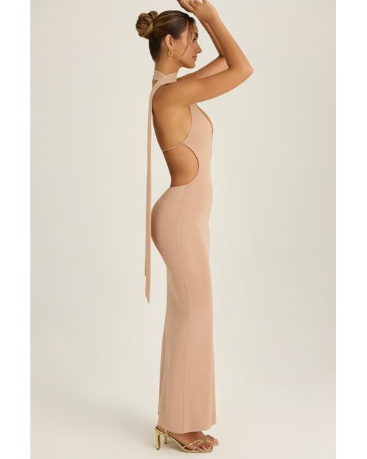 Oh Polly Pink Scarf-Detail Cut-Out Halterneck Maxi Dress