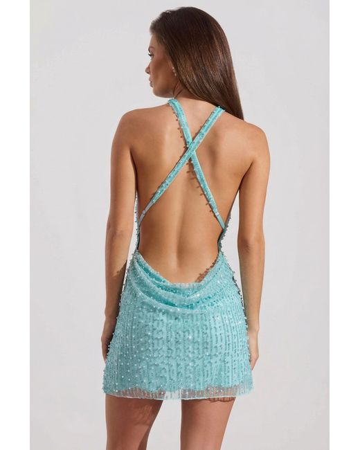Oh Polly Blue Embellished Cowl-Neck Backless Mini Dress
