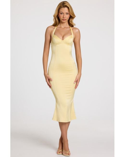 Oh Polly Yellow Satin Sweetheart Bustier Fishtail Midaxi Dress