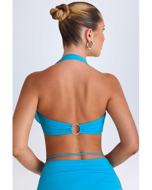 Oh Polly Blue Plunge Hardware-Detail Halterneck Crop Top