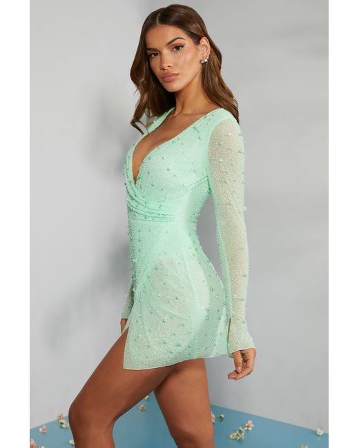 Oh Polly Green Embellished Wrap Over A-Line Mini Dress