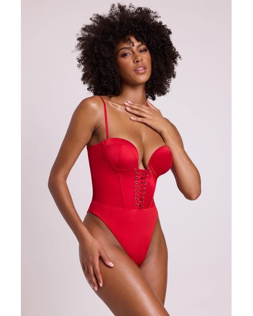 Oh Polly Red Satin Plunge Neck Lace Up Corset Bodysuit