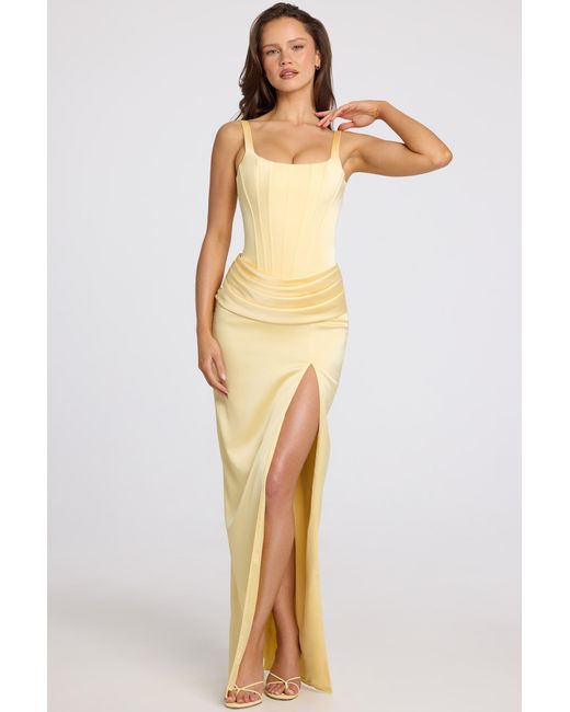 Oh Polly Yellow Corseted Thigh-High Split Maxi Dress