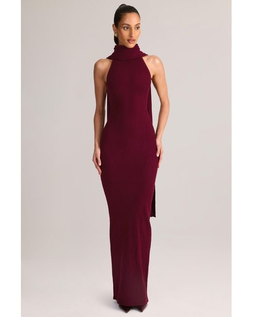 Oh Polly Red Rib-Knit Scarf-Detail Halterneck Maxi Dress