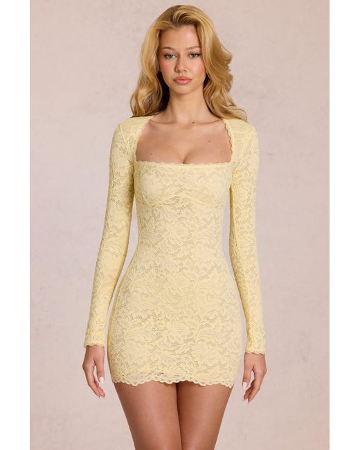 Oh Polly Yellow Scalloped-Lace Long-Sleeve Mini Dress
