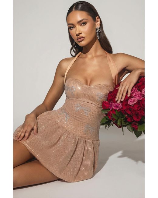 Oh Polly Natural Embellished Halterneck Bubble Hem Mini Dress