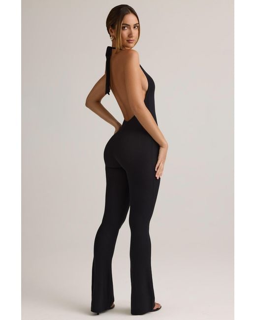 Women's Black Modal Ribbed Backless Halterneck Jumpsuit