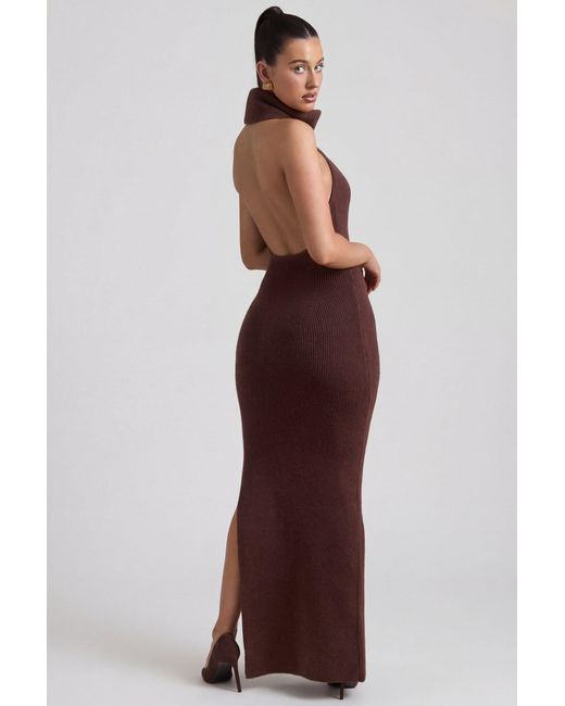 Oh Polly Brown Ribbed-Knit Turtleneck Backless Maxi Dress