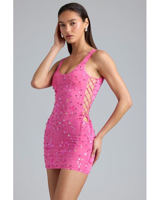Women's Pink Embellished Lace-Up Mini Dress