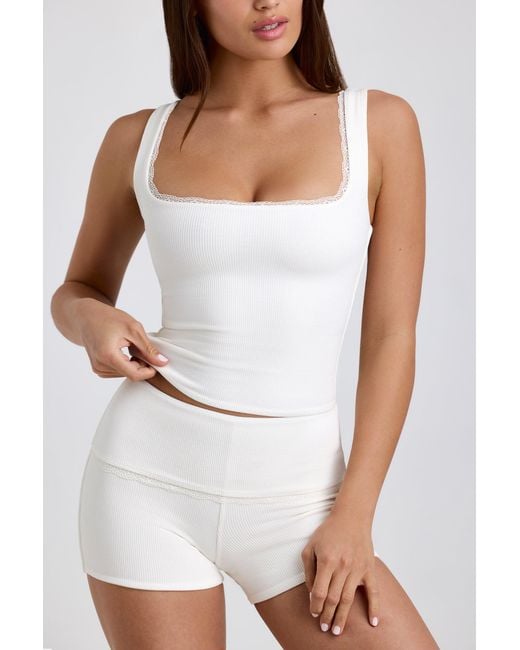 Oh Polly White Ribbed Modal Lace-Trim Tank Top