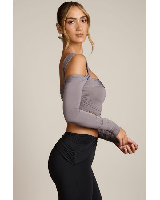Oh Polly Gray Asymmetric Off-Shoulder Draped Top