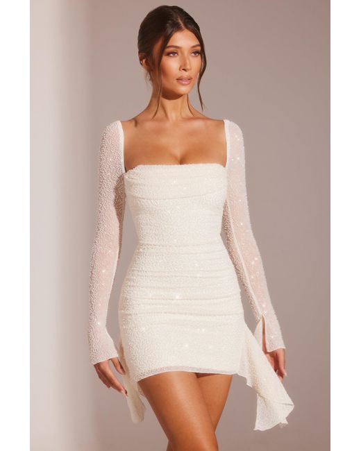 Oh Polly White Long Sleeve Embellished Cowl Neck Mini Dress