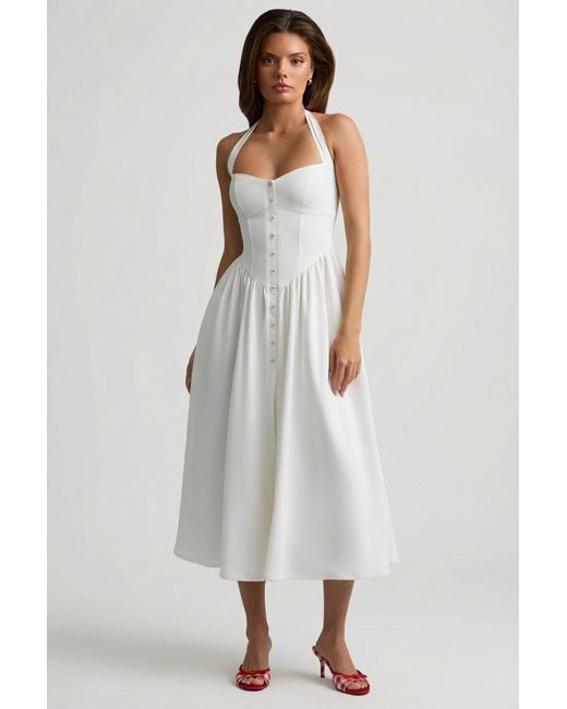 Oh Polly White Button-Detail Halterneck Midaxi Dress