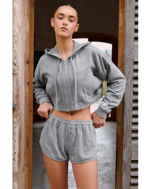 BO+TEE Gray Terry Cotton Zip-Up Cropped Hoodie