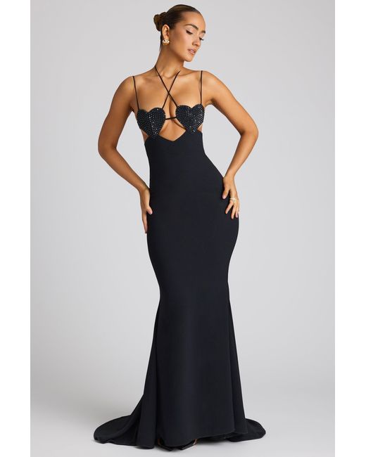 Oh Polly Black Embellished Heart Cup Detail Evening Gown