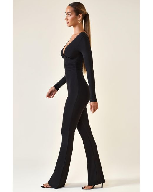 Oh Polly Black Modal Ruched Plunge Flared Jumpsuit