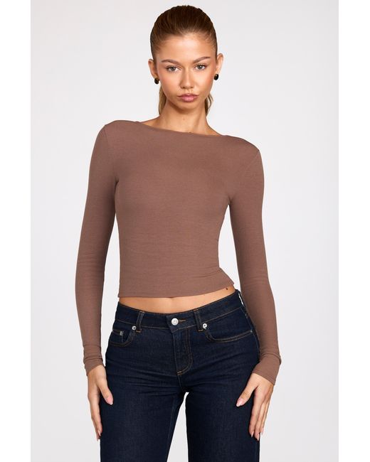 Oh Polly Brown Ribbed Modal Ruched Long-Sleeve Top