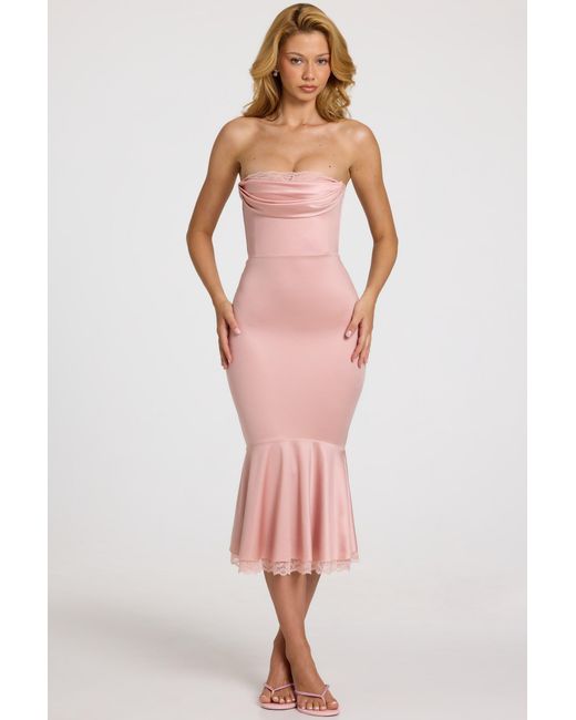 Oh Polly Pink Satin Lace-Trim Bandeau Fluted Midaxi Dress