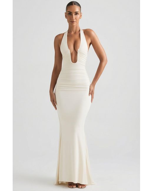 Oh Polly White Ruched Backless Halterneck Gown