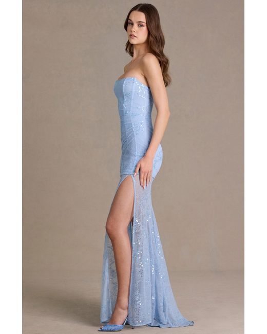 Oh Polly Blue Embellished Lace Corset Gown