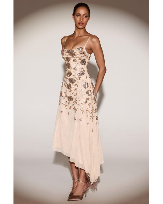 Oh Polly Metallic Embellished Soft-Scoop Asymmetric Midaxi Dress