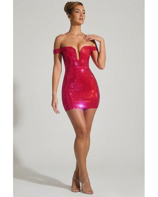 Oh Polly Red Embellished Off-Shoulder Mini Dress