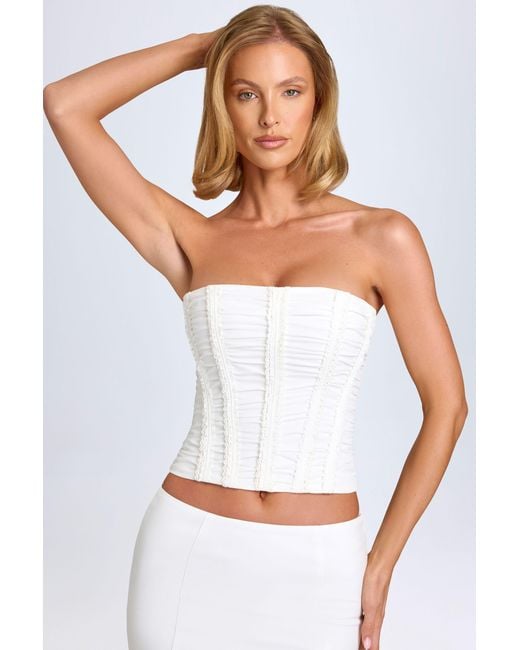 Oh Polly White Ruched Lace-Up Corset Top