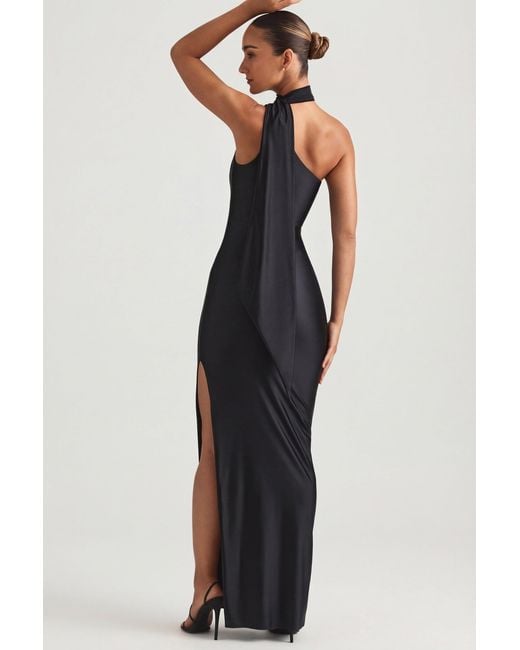 Oh Polly Black Asymmetric Scarf-Detail Maxi Dress