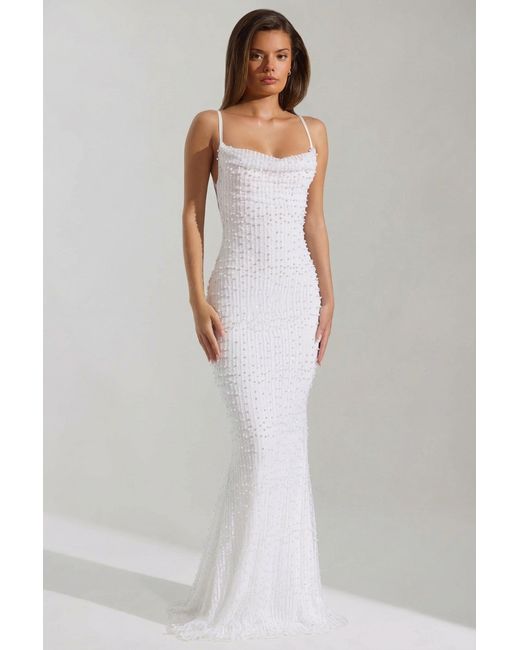 Oh Polly White Embellished Cowl-Neck Backless Maxi Dress