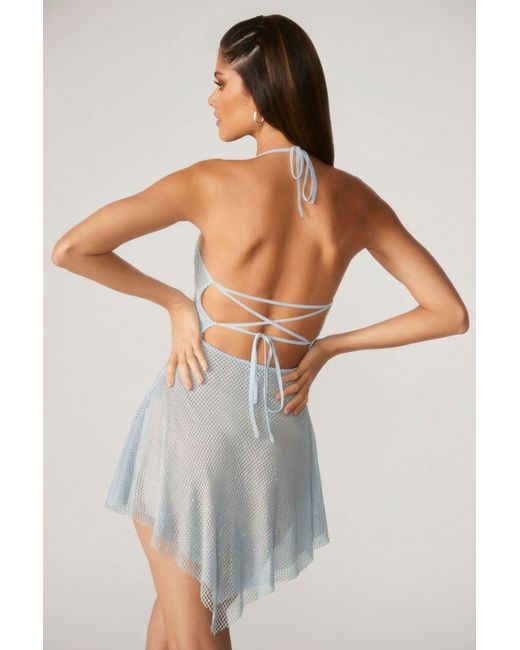 Oh Polly Blue Embellished Lace Up Back Mini Dress