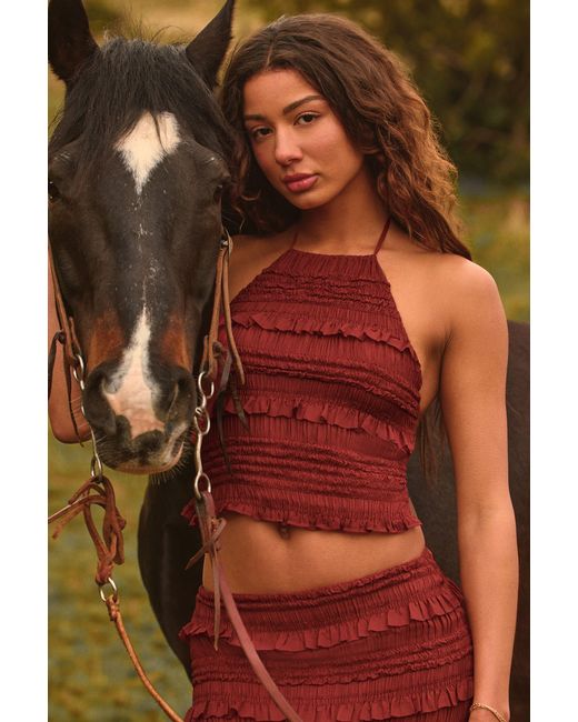 Oh Polly Red Ruffled High-Neck Backless Top