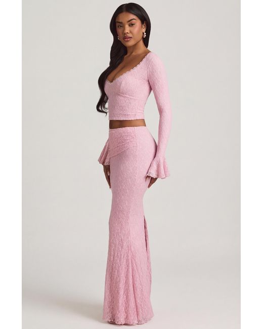Oh Polly Pink Draped Low-Rise Lace Maxi Skirt