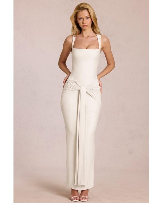 Women's White Square-Neck Tie-Gather Maxi Dress