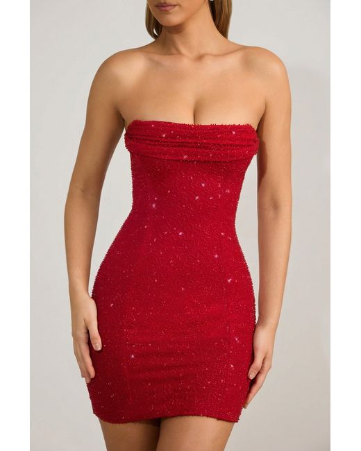 Oh Polly Red Embellished Strapless Cowl-Neck Mini Dress
