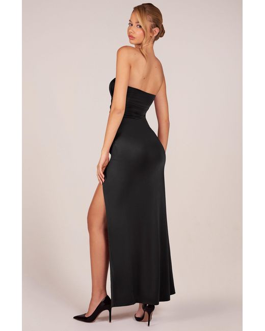Oh Polly Black Bandeau Draped Thigh-High Maxi Dress
