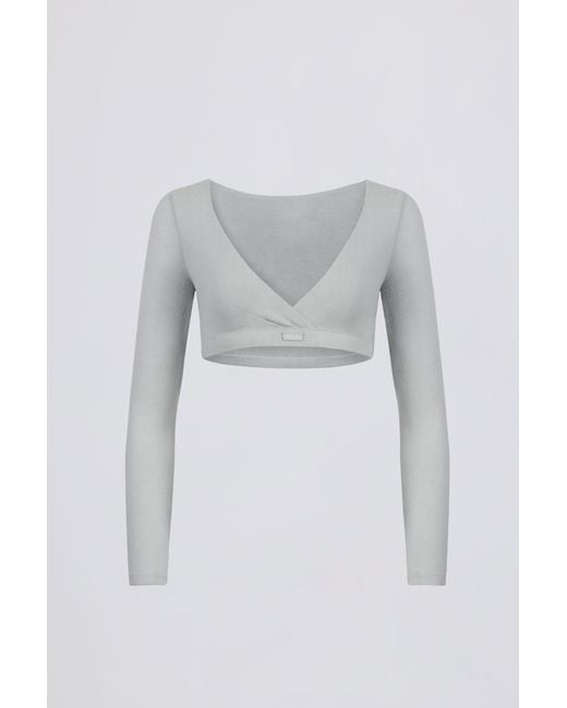 BO+TEE Gray Brushed Jersey V-Neck Crop Top