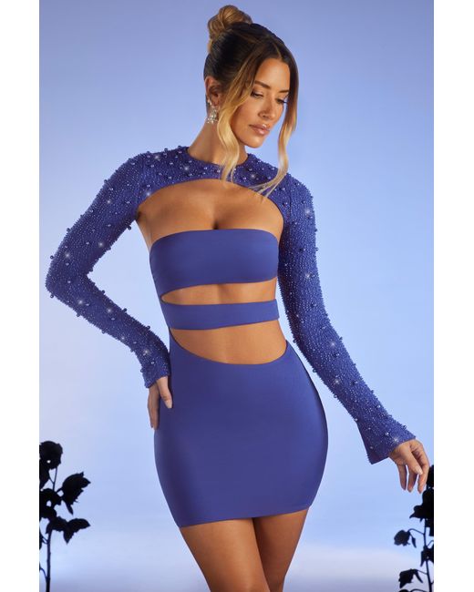 Oh Polly Blue Embellished Long Sleeve Cut Out Mini Dress